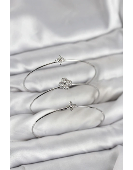 MuI MuI Zirkon Taşlı Gümüş Renk Yonca Tasarım 3lü Kadın Bileklik Kombini