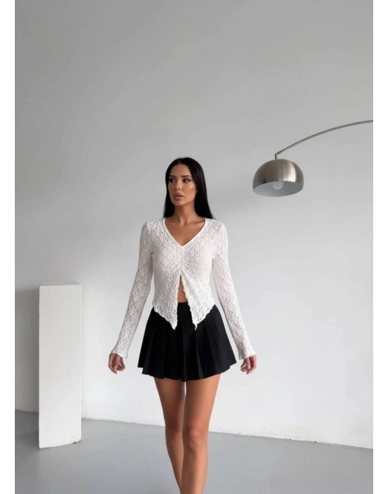 Ön Büzgülü Uzun Kol Dantel Bluz - Beyaz