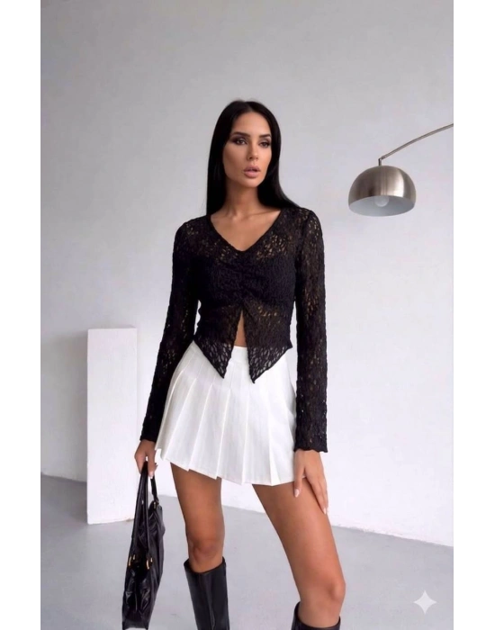 Ön Büzgülü Uzun Kol Dantel Bluz - Siyah