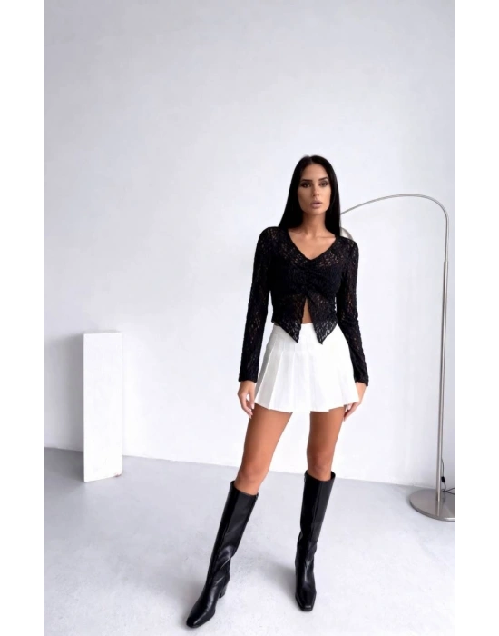 Ön Büzgülü Uzun Kol Dantel Bluz - Siyah