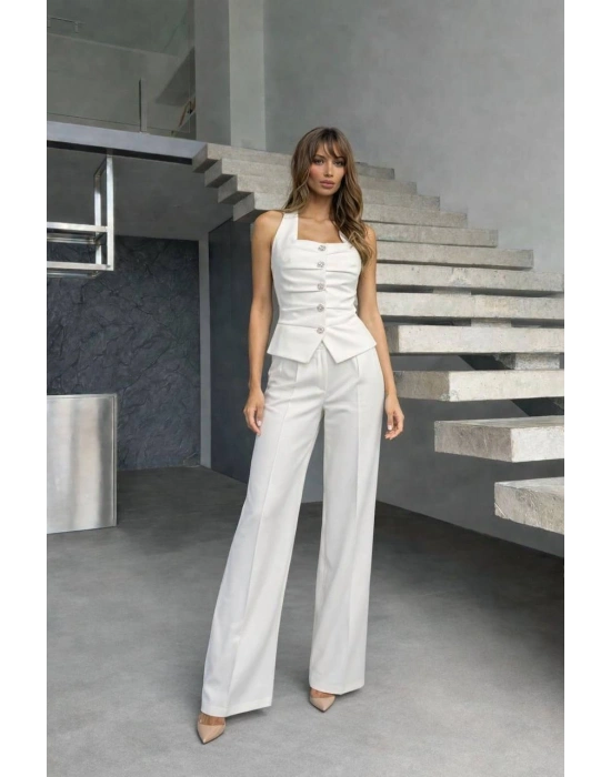Ön Detay Yelek Pantolon Takım - Beyaz