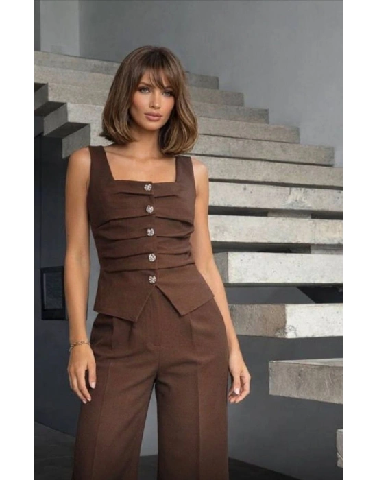 Ön Detay Yelek Pantolon Takım - Kahverengi