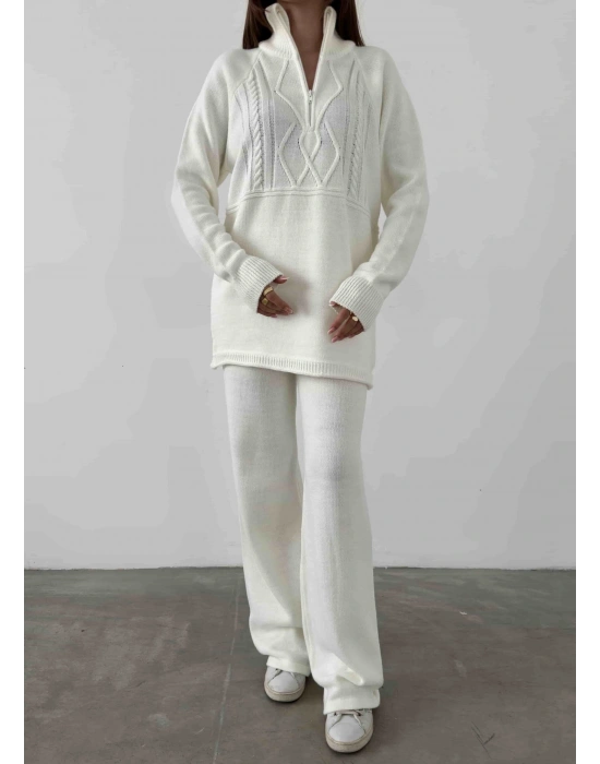 Polo Yaka Fermuarlı Triko Takım 1511 - Kemik