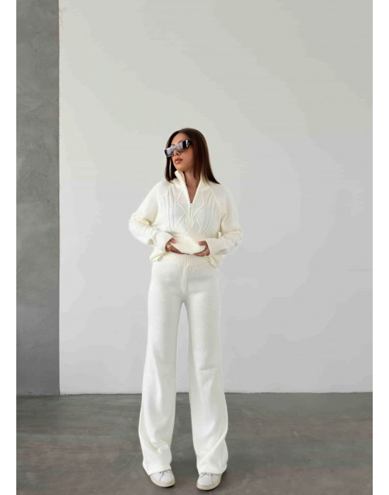 Polo Yaka Fermuarlı Triko Takım 1511 - Kemik