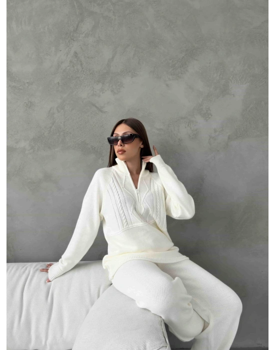 Polo Yaka Fermuarlı Triko Takım 1511 - Kemik