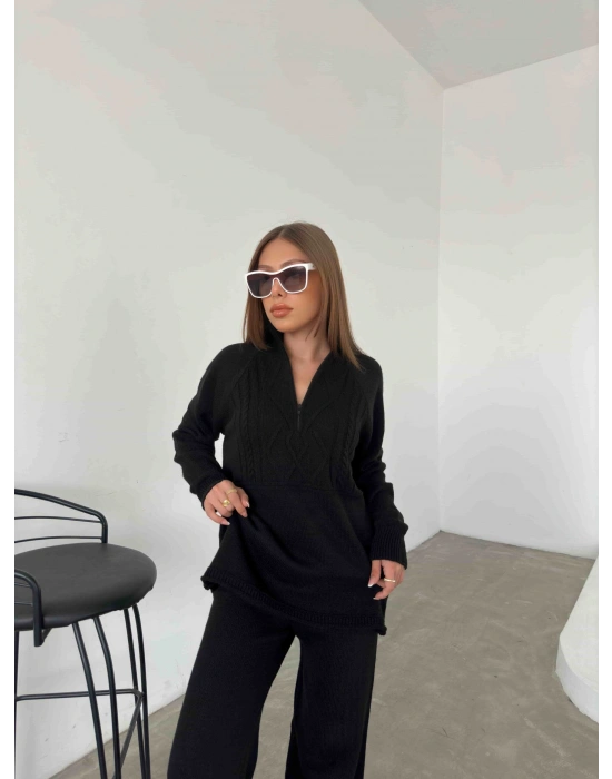 Polo Yaka Fermuarlı Triko Takım 1511 - Siyah