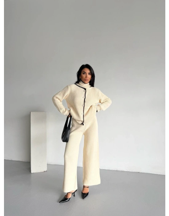 Şal Yaka Triko Takım - Bej