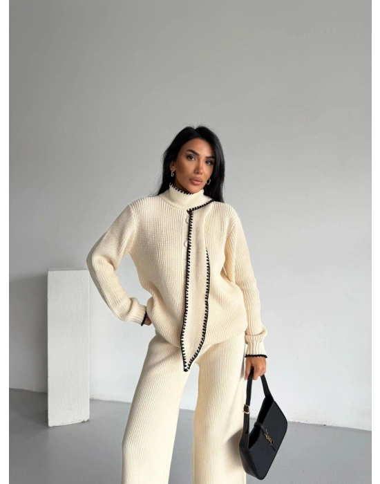 Şal Yaka Triko Takım - Bej