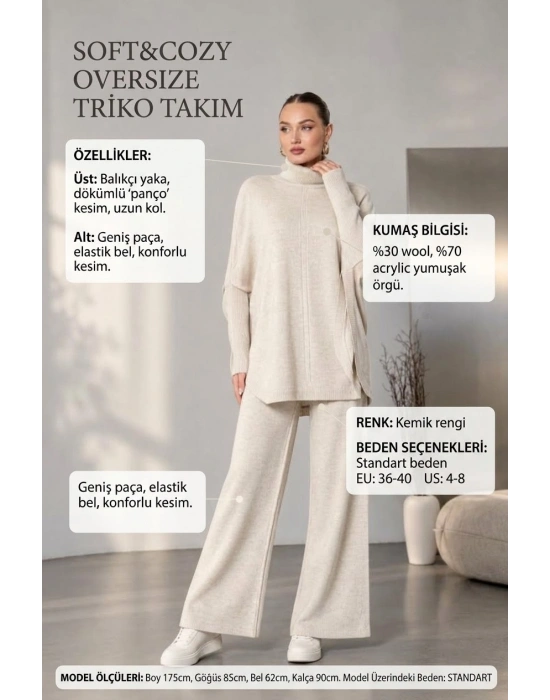 Soft&amp;Cozy Oversize Triko Takım - Kemik