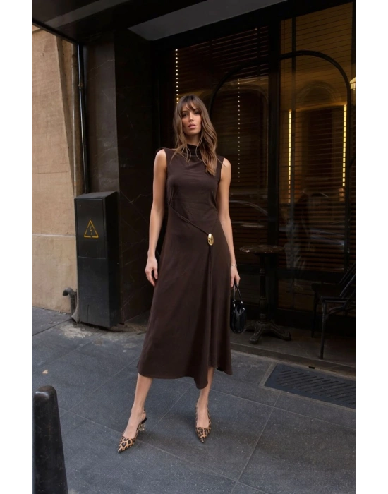 Toka Detay Elbise - Kahverengi
