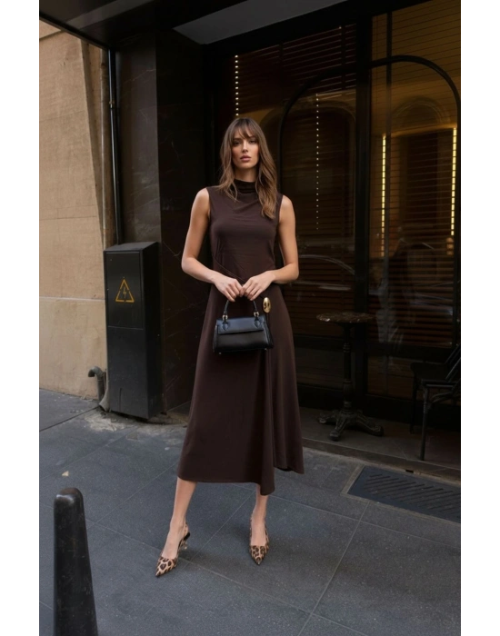 Toka Detay Elbise - Kahverengi
