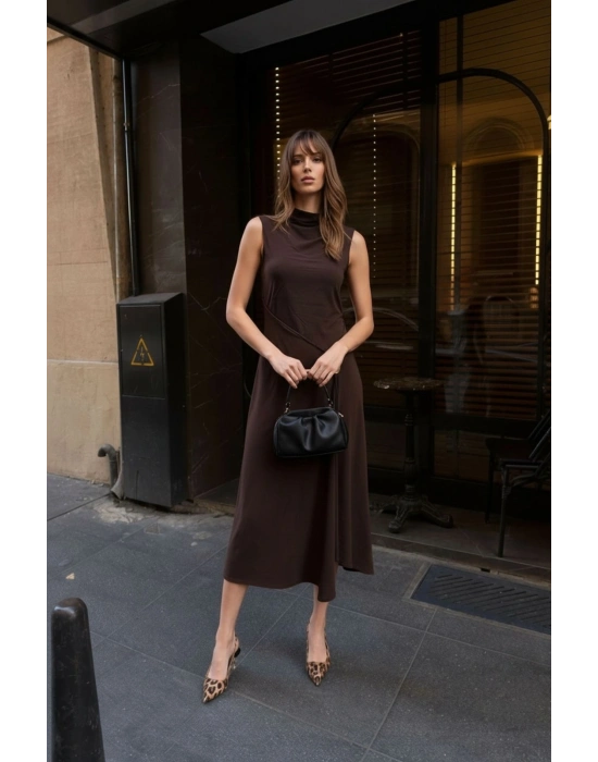 Toka Detay Elbise - Kahverengi