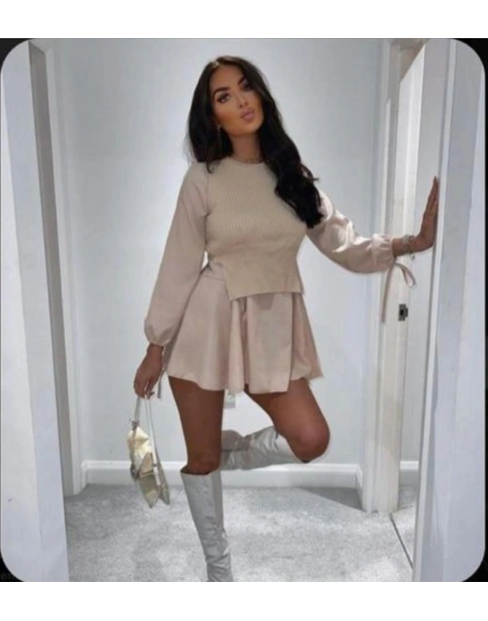 Triko Detay Elbise - Bej