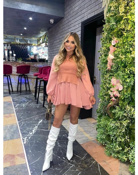 Triko Detay Elbise - Pudra