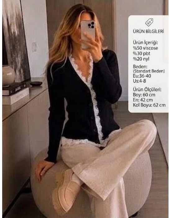 V Yaka Dantel İşlemeli Düğmeli Yumuşak Triko Hırka - Siyah