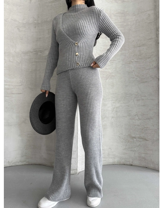 Yan Düğme Detay Triko Takım 1563 - Gri
