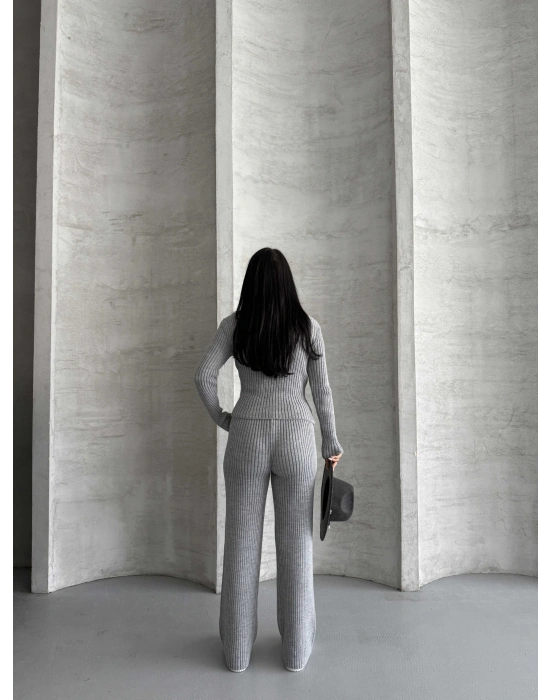 Yan Düğme Detay Triko Takım 1563 - Gri