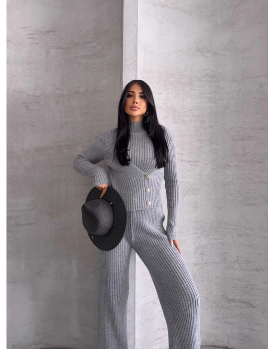 Yan Düğme Detay Triko Takım 1563 - Gri