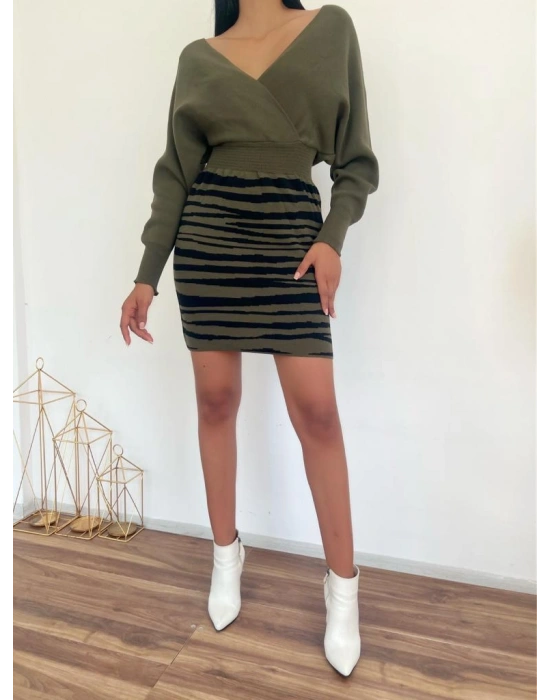 Zebra Desen Triko Elbise 841 - Haki