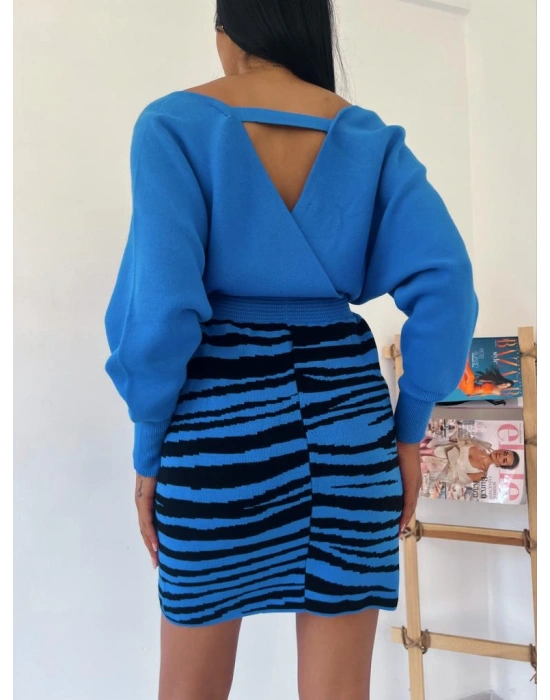 Zebra Desen Triko Elbise 841 - Mavi