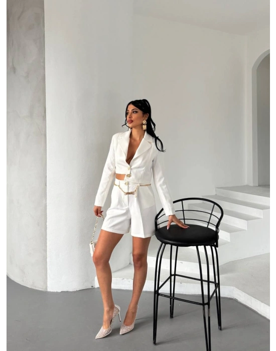 Zincir Kemer Ceket Şort Takım - Beyaz