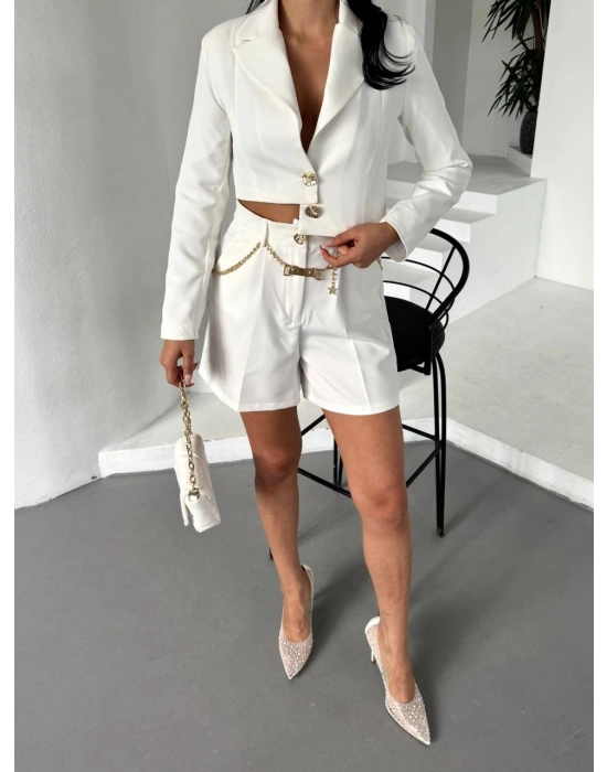 Zincir Kemer Ceket Şort Takım - Beyaz