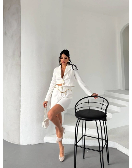 Zincir Kemer Ceket Şort Takım - Beyaz