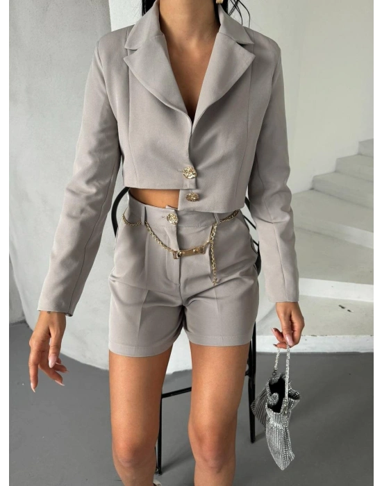 Zincir Kemer Ceket Şort Takım - Gri