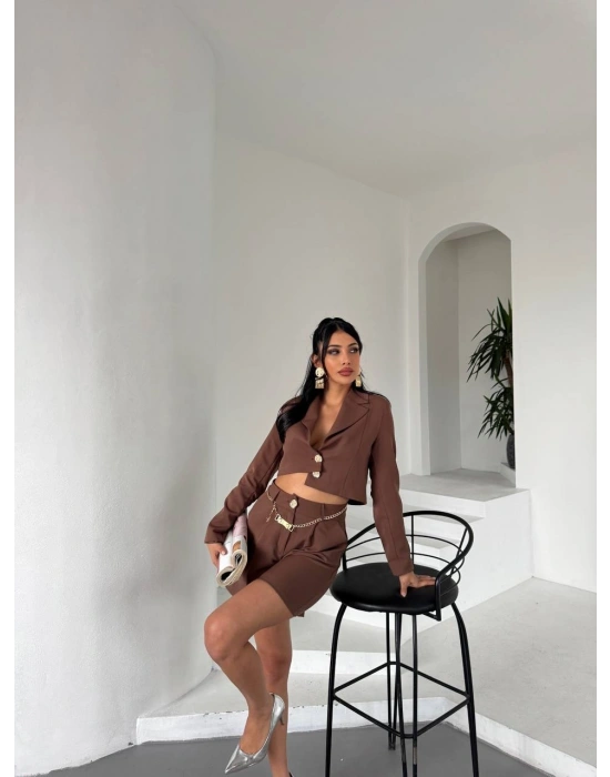 Zincir Kemer Ceket Şort Takım - Kahverengi