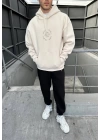 City Baskılı Oversize Kapüşonlu Sweatshirt - Beige