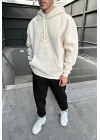 City Baskılı Oversize Kapüşonlu Sweatshirt - Beige