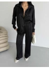 Çizgi Desen Saten Takım 2519 - Siyah