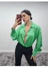 İnci Düğmeli Saten Gömlek - Yeşil
