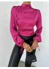 Kısa Saten Bluz - Fuşya