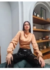 Kısa Saten Bluz - Kahverengi