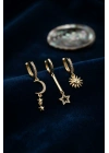 MuI MuI 3 lü Set Ay Yıldız ve Güneş Model Gold Renk Kadın Küpe