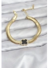 MuI MuI 316L Çelik Gold Renk Siyah Yonca Model Zirkon Taşlı Yılan Zincirli Kadın Bileklik