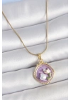 MuI MuI 316L Çelik Gold Renk Zincir Mor Mineli İncili Çiçek İşlemeli Portre Model Kadın Kolye