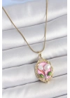 MuI MuI 316L Çelik Gold Renk Zincir Pembe Mineli İncili Çiçek İşlemeli Portre Model Kadın Kolye