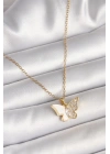 MuI MuI 316L Çelik Gold Renk Zincir Zirkon Taşlı Beyaz Mineli Kelebek Model Kadın Kolye
