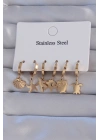 MuI MuI 316L Çelik Gold Renk Zirkon Taşlı Hayvan Figürlü Deniz Yıldızı Model Halka Küpe Seti