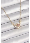 MuI MuI 316L Çelik Gold Renk Zirkon Taşlı Hilal Pembe Kalp Model Kadın Kolye