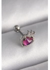 MuI MuI 316L Çelik Gümüş Renk Pembe Mineli Kalp Zirkon Taş Detaylı Taç Tragus Piercing