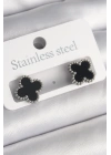 MuI MuI 316L Çelik Gümüş Renk Siyah Yonca Model Kadın Küpe