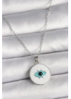 MuI MuI 316L Çelik Gümüş Renk Zincir Beyaz Mineli Turkuaz Göz İşleme Model Kadın Kolye