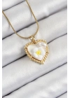 MuI MuI 316L Çelik Zincir Beyaz Sanatsal Portre İnci Detaylı Papatya Figürlü Kalp Model Gold Renk Kadın Kolye