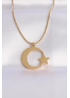 MuI MuI 316L Çelik Zincir Gold Renk Ay Yıldız Unisex Kolye