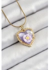 MuI MuI 316L Çelik Zincir Mor Sanatsal Portre İnci Detaylı Papatya Figürlü Kalp Model Gold Renk Kadın Kolye