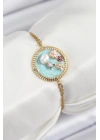 MuI MuI 316L Çelik Zincir Turkuaz Mineli Sanatsal Portre İnci Detaylı Çiçek Model Gold Renk Kadın Bileklik