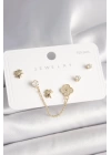 MuI MuI 925 Ayar Gümüş Çivi Pirinç Gold Renk Zirkon Taşlı Yonca Model Sallantı Zincir Detay Kadın Küpe Seti